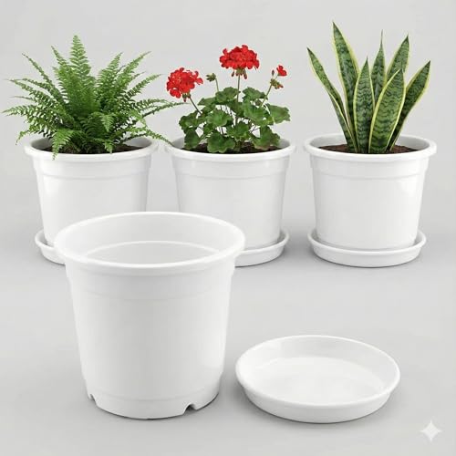 Image of 12 Inch Glossy White Plastic Planter with Bottom Plate | Heavy Duty Flower Pot with Tray for Indoor Home Decor, Balcony, Living Room & Outdoor Garden (4 Pot, White)