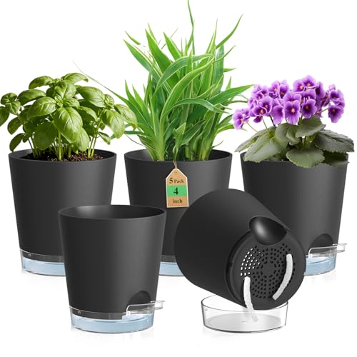 WSMKSZ 10 2 cm Selbstbewässerungstopf 5er Set Kunststoff Blumentöpfe mit Abflusslöchern und Transparentem Wasserreservoir Sichtbarer Wasserstand Pflanztöpfe Klein für Zimmerpflanzen Schwarz