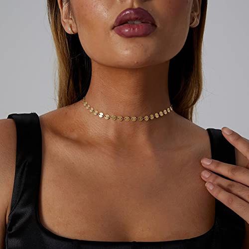 CAROVO Dainty Gold Chain Choker Necklace for Women 18K Gold Plated Minimalist Figaro Beaded Lace Satellite Coin Chain Necklace Delicate Choker Jewelry Gifts for Women4
