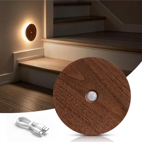 Image of Motion Sensor Night Light Wood Rechargeable Battery Powered Stick-On Step Lights Magnetic Closet Warm Nightlight for Hallway Bedroom Stair, Black Walnut