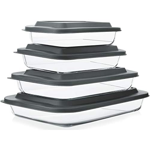 8-Piece Deep Glass Baking Dish Set with Plastic lids,Rectangular Glass Bakeware Set with Lids, Baking Pans for Lasagna, Leftovers, Cooking, Kitchen, Freezer-to-Oven and Dishwasher, Gray