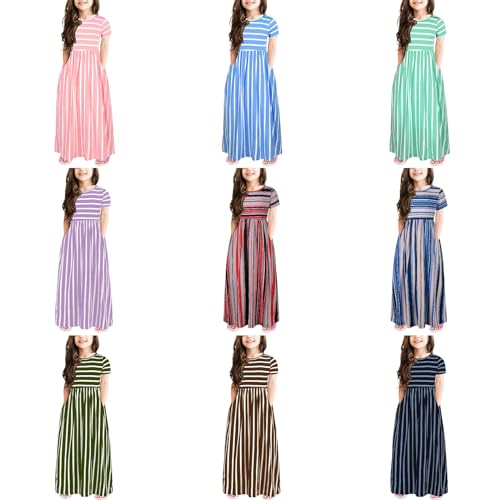 KAGAYD Girl's Casual Strips Dress Summer Scoop Neck Short Sleeve Sundress Long Maxi Dress with Pockets for Kids