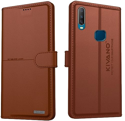 Image of Compatible with Vivo Y17 / Vivo Y15 / Vivo Y12 / Vivo U10 / Vivo Y11 (2019) Flip Cover | Leather Finish | Inside Pockets & Inbuilt Stand | Shockproof Wallet Style Magnetic Closure Brown