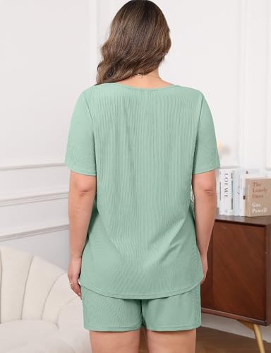 Image of Womens Plus Size Pajama Sets 2 Piece Summer Outfits Short Sleeve Tops Shorts with Pockets for Lounge Sleepwear