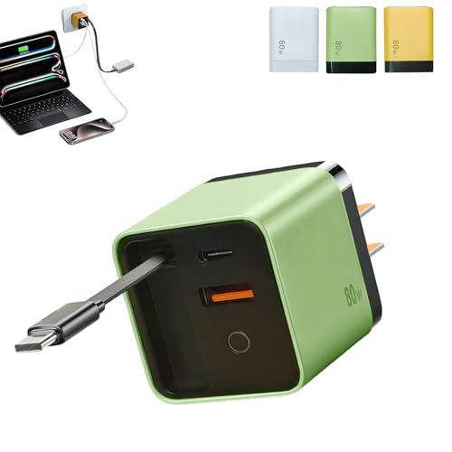 Scalable 80W Max Fast Charger Wall Plug 80W Retractable Phone Charger Plug with Retractable Cable 3 in 1 Charger for Phones Tablets (Green)