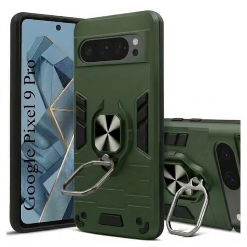 Image of JANAK RAJ Ringstand Armor Bumper Back Case Cover Compatible with Google Pixel 9 /9 Pro 5G | Tough Rugged Shockproof PC+TPU Kickstand 360 Protective Design - Green