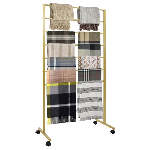 CURIEUYU Metal Scarf Display Stand with 360 Swivel Caster Wheels, 7-tier Movable Freestanding Scarf Holder, Hijab Hanger for Clothing Store Boutique Display Commercial Home (Gold)