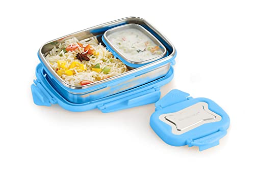 Image of STEELLOCK Smart Stainless Steel Tiffin Lunch Box for Kids and Adults 2pc Set | Airtight & Leakproof | Rectangle Combo for School & Office with Steel Lid | (1pc - 750ml & 1pc - 170ml) Blue