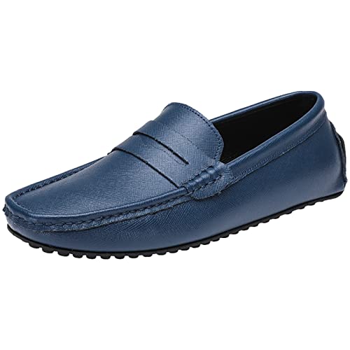 ANUFER Hommes Classique Mocassins Penny Plat Glisser sur Tendre Cuir Fendu Mocassins Chaussures de Conduite Marine SN070440 EU42