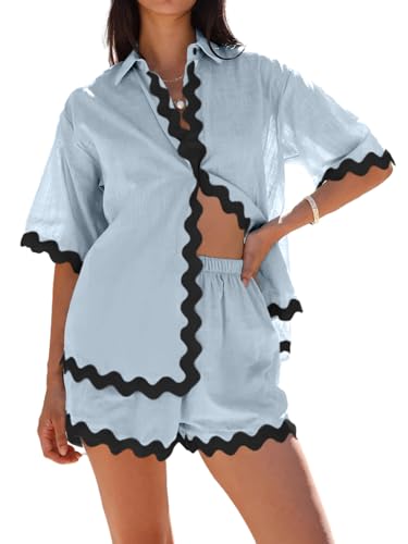 Image of Danedvi Womens 2 Piece Outfits Beach Vacation Summer Short Sleeve Button Down Shirts and Shorts Lounge Sets