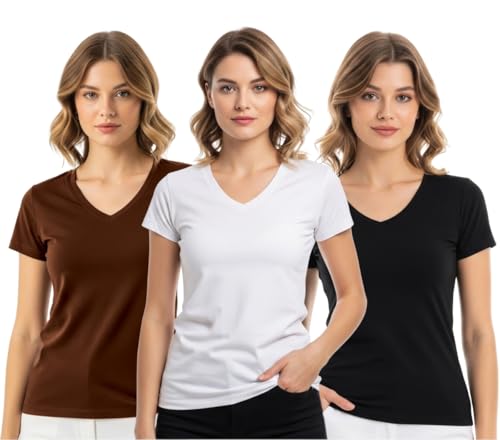 Image of JUNEBERRY Women's Cotton Lycra Regular Fit V- Neck Solid Core Half Sleeve Combo T-Shirt (Pack of 3)
