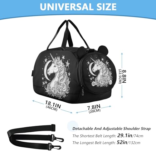 Unicorn Moon Stars Black Kids Travel Duffel Bag for Boys Girls Overnight Weekend Tote Bag with Shoes Compartment for Gym Sports Dance3