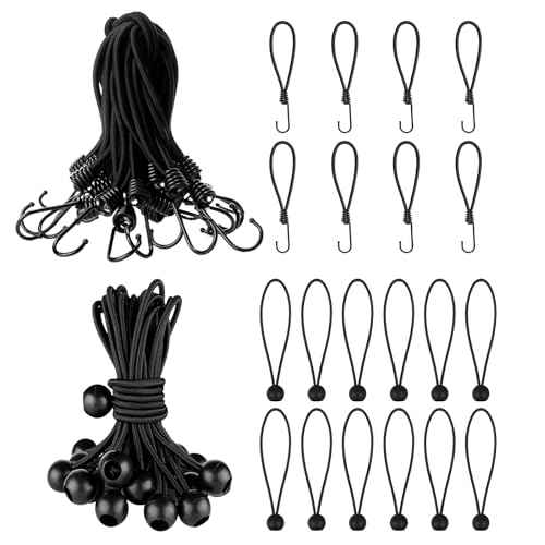 Kit de Fijación para Toldos y Lonas, 12 Correas Elásticas con Bola + 8 Ganchos, Alta Resistencia al Agua, UV y Abrasión, para Camping, Jardín y Exteriores