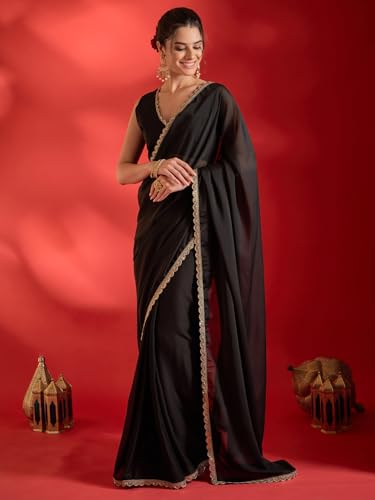 Image of AKHILAM Women's Shimmer Pure Georgette Embroidered Ready To Wear one Minute Saree With Unstitched Blouse Piece