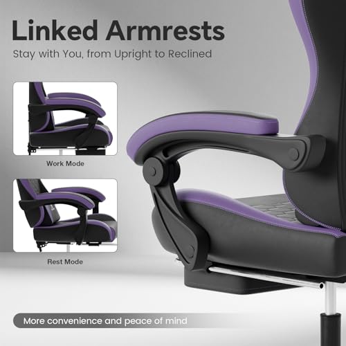 Image of Gaming Chair, Computer Office Chair with Footrest, Adjustable Height & Backrest Gaming Chairs with Swivel for Adults, High Back PU Leather Ergonomic Chair with Lumbar Support, Blackpurple