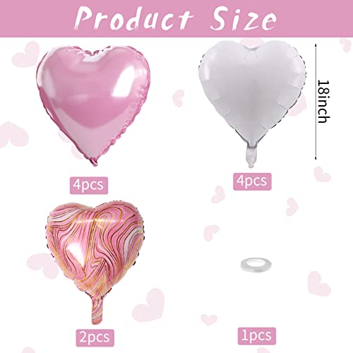 Image of Pink White Agate Heart Shape Balloons - 10PCS Pink & White Foil Heart Balloons for Valentine's Day Decorations - 18inch