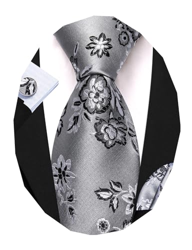Image of Barry.Wang Flower Ties for Men Handkerchief Cufflinks Set Wedding Necktie Set Party