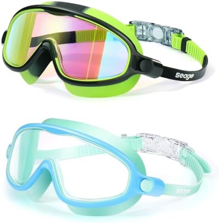Seago Swim Goggles 2 Pack Anti-Fog Anti-UV Wide View Swimming Goggles for Kids 3-14
