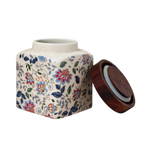 Image of Vistas 'Blue Bloom' Square Airtight 400ml Set of 2 Ceramic Jar for Kitchen Storage | Handcrafted Ceramic Barni with Wooden Lid | Multipurpose Pickle, Spice & Salt Container