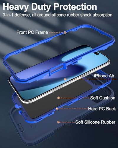 Image of for iPhone Air Case with Port Cover, Rubber Matte Finish, Blue | 3-Layer Heavy Duty Armor, 16ft Drop Protection, Non-Slip Shockproof & Anti-Fingerprint