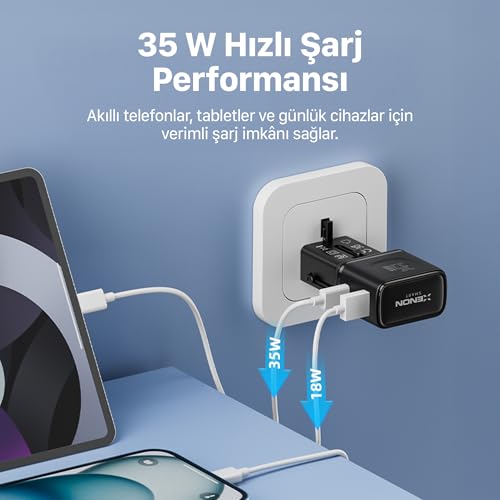 Xenon Smart Priz Dönüştürücü | 35W GaN Hızlı Şarj 200+ Ülke USB-C & USB-A PD PPS Seyahat Adaptörü X6407