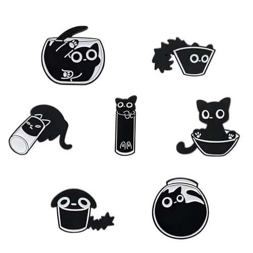 FIHODONE 7 Stück Pins Anstecker Schwarze Katze Anstecker Pin Niedliche Pin Anstecker Verspielte Katzen Tier-Anstecker Emaille Pins Set Schwarze Katzen-Emaille-Anstecknadeln für DIY Kleidung Hut