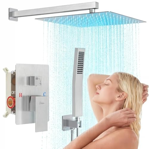 Hawkrown 10 Inch Luxury Rain Shower Faucet Set, Brushed Nickel Shower System with Rainfall Shower Head and Handheld Spray, SUS304 Stainless Steel and Solid Brass Wall Mounted Shower Valve Trim Kit by Hawkrown - Used condition - US$55.19