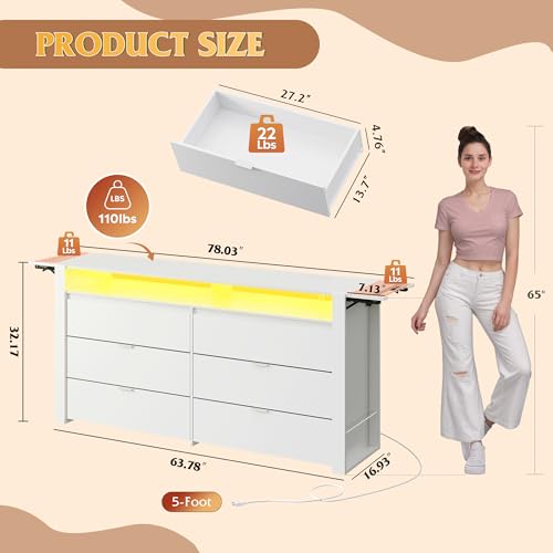 WLIVE 78 Inch Dresser for Bedroom, Large Chest of Drawers Expandable White Wood Dresser from 5'3" to 6'5'' with Flexible Shelves and Hanging Rack, Led Dressers for Living Room (85'' TV)