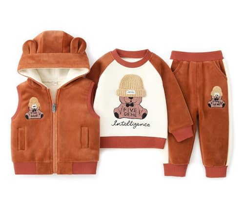 Image of Bold N Elegant Cotton Blend Cute Cartoon Bear Graphics Winter Warm Sweatshirt Hood Jacket And Jogger Pant 3 Pc Layering Clothing Set For Infant Toddler Kids
