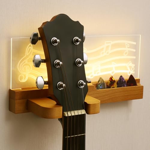 JIZZU Gitarren Wandhalterung, USB Powered LED Leuchtenden Hölzerne Gitarre Aufhänger, Gitarrenhalter Wand für Akustische, klassische Gitarre,...