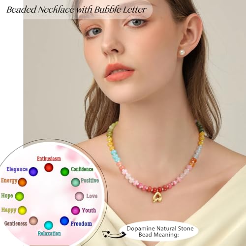 Initial Necklaces for Women, Beaded Necklaces for Women with Bubble Necklace Letter Stocking Stuffers for Teens Trendy Stuff Colorful Gemstone Choker 14k Gold Letter A-Z Pendant Summer Beach Christmas Birthday Jewelry for Her Girlfriend Sister