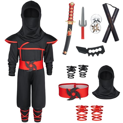 Disfraz de ninjia para niños y niñas, disfraz de ninja con juguetes de ninja de lujo para Halloween, cosplay, juegos de rol (negro y rojo) de 8 a 10 años
