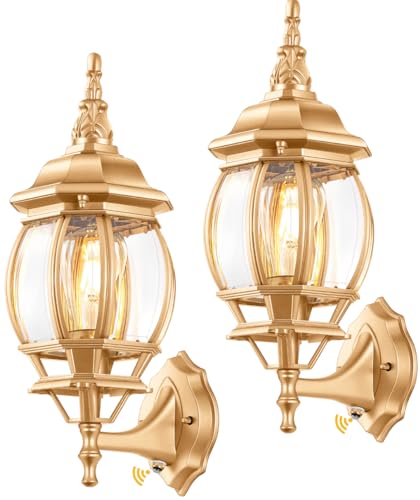 VIANIS 2 Pack Dusk to Dawn Porch Lights Outdoor, Gold Exterior Wall Lantern, Modern Outdoor Sconce Light, Waterproof Coach Lights for House, Outside Garage Lighting Fixtures Wall Mount