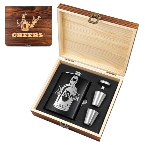 Daily Treasures Stainless Steel Hip Flask Gift Set in Luxury Wooden Box - 8oz Whisky Flask with Shot Glasses & Funnel,Portable Hipflask for Men Groomsmen Gifts,Camping Travel Wedding Outdoor Climbing