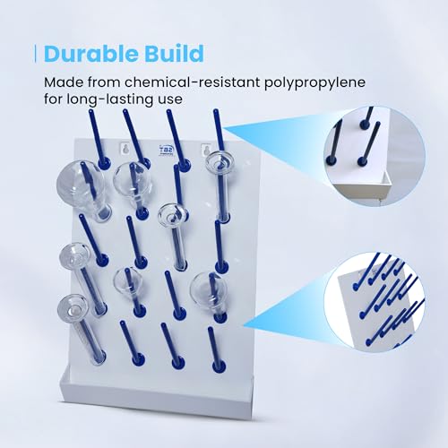 Image of Laboratory Drying Rack 20 Pegs Collection Tray which Collects All The Waste Water /for Lab White Base with Blue Polypropylene Pegs Pack of 1
