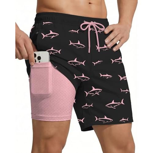 7 Inch Men Swim Trunks with Compression Breathable Liner Quick Dry Zipper Pockets for Pool Board Beach Cruise 3X-Large Black Pink Shark