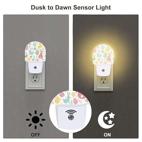 Image of Easter Bunnies and Eggs Night Light, Colorful Rabbits and Flowers Dusk to Dawn Night Light Plug in,0.5w Energy Saving Sleep Friendly NightLight for Kids Boys Girls Home Decor