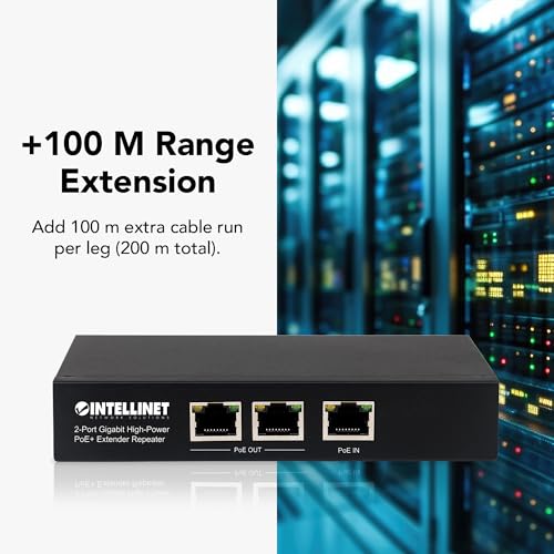Image of Intellinet 2-Port Gigabit High-Power PoE+ Extender, 25W, IEEE 802.3at | IEEE 802.3af /at range doubler adds 328 ft, powers two devices up to 25W, Gigabit RJ45, metal housing