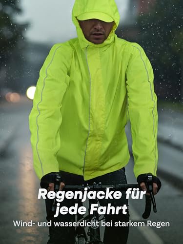 Prowiste Fahrradjacke Herren & Damen L – Wasserdicht & Atmungsaktiv – Reflektierende Regenjacke mit Kapuze & Rückentasche – Kompakt mit Tasche verstaubar – Laufjacke – Windjacke