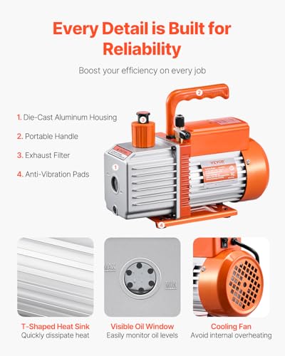 Image of VEVOR Vacuum Pump, 6 CFM, HVAC 2 Stage Rotary Vane Vacuum Pump, for R134a R22 R410a Systems, Auto AC Vacuum Pump Kit with Oil Bottle, for Automotive Air Conditioner Maintenance Resin Degassing