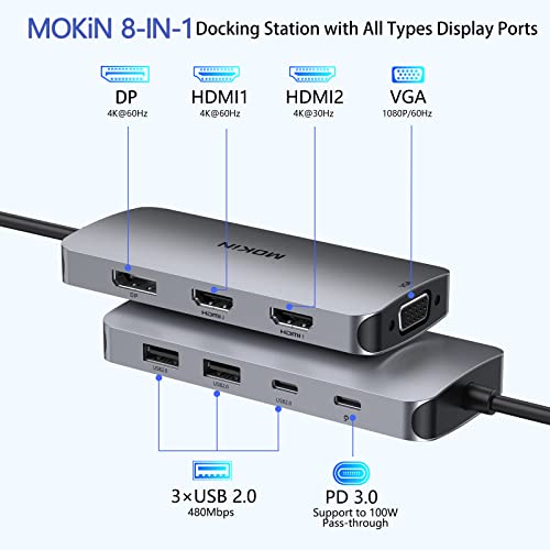 Image of USB C Docking Station Dual HDMI, MOKiN Docking Station 3 Monitors, DisplayPort, VGA, 100W PD Charging, 2USB A 2.0, USB C 2.0 Ports Multiport Adapter, 8 in 1 USB Hub for Dell, HP, Lenovo ThinkPad
