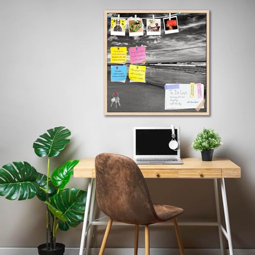Image of ArtzFolio Sea, Air, & Land Monochrome Contrast | Bulletin Board Notice Pin Board | Vision Soft Board Combo with Thumb Push Pins & Sticky Notes | Natural Brown Frame | 16 x 16 inch (41 x 41 cms)
