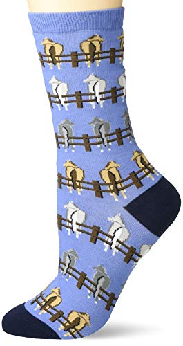 K. Bell Socks Women's Playful Wildlife Novelty Fashion Crew Socks, Horses On Fences (Blue), Shoe Size: 4-10 (KBWF20H012-01)