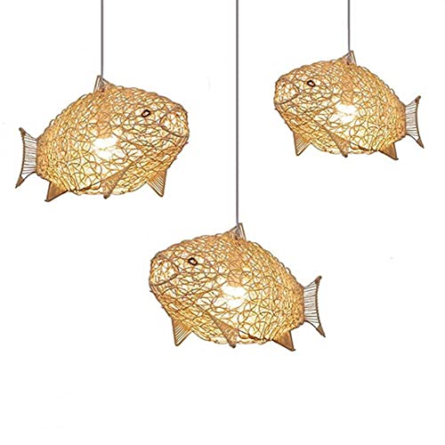 MIXL - Fish-Shaped Rattan Woven Pendant Light,1-Lights Boho Fish Lighting,Natural Weaving Wicker Light Fixture,Rustic Farmhouse Rattan Chandelier for Dining Room Living Room Bedroom Kitchen - Image 2
