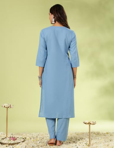 Image of Kaari Chikankari Embroidered Kurta Set for Women- 100% Cotton | Yoke Detailing | Three Piece Kurta Set with Dupatta | Sleeve