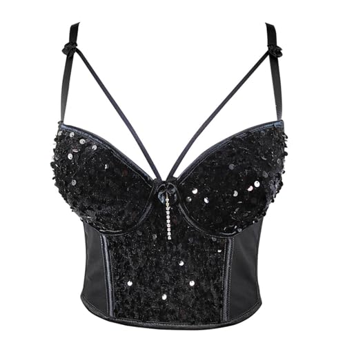 Nyeemya Sujetador con Corsé de Lentejuelas Brillantes Crop Top para Mujer tirantes finos corpiño Push Up Top corto camisola Sexy para Club Street Look Negro A XL