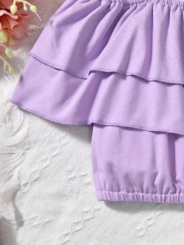 Image of Girl's 2 Pieces Outfits Spaghetti Purple Layered Crop Top and Butterfly Print Skirt Set with Belt 7-13 Years