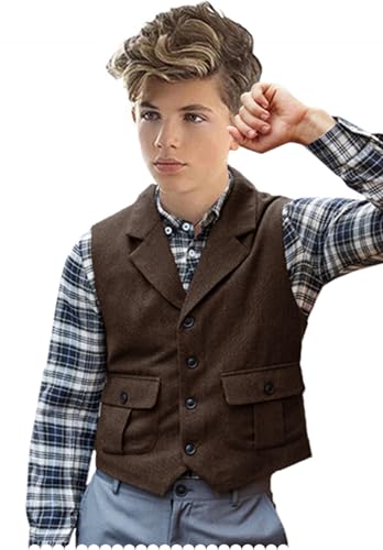 Boys Tweed Vest Retro Herringbone Kids Suit Vest with Pocket Toddler Sleeveless Waistcoat