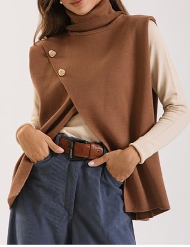 Hooever Women Turtle Neck Sleeveless Split Wrap Sweater Vest Kint Loose Pullover Tops with Metal Buttons2