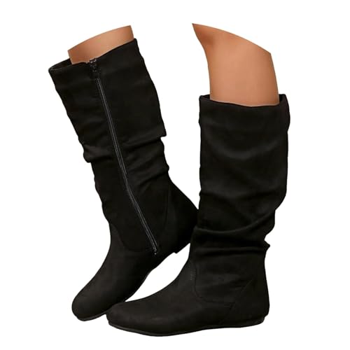 Women's Slouchy Faux Suede Leather Mid Calf Flats Boots Pull On Round Toe Flat Heel Fall Weather Winter Boots2